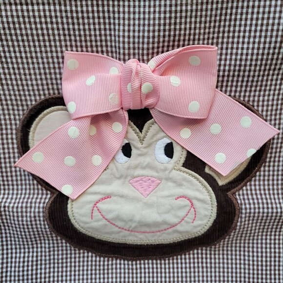 Castles & Crowns ✦ Monkey Applique Dress ✦ Brown Gingham Pink Bow Size 5T NWOT - Picture 4 of 14